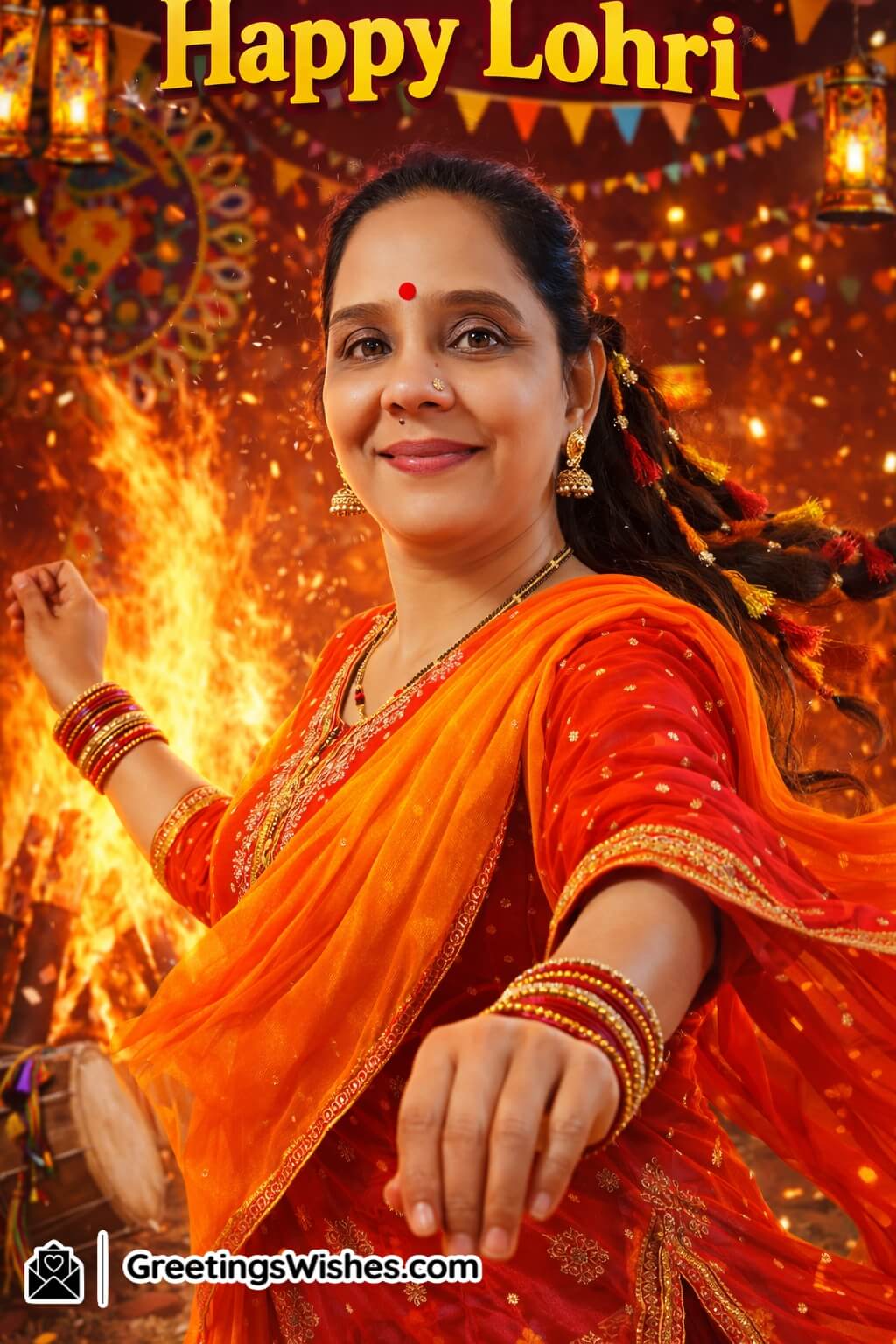 Lohri Dance Style Celebration Photo for Women in Punjabi Attire, featuring a woman in bright orange and red salwar suit with flowing dupatta, surrounded by bonfire sparks, dhol, Punjabi folk art, and vibrant festive lighting expressing joyful Lohri vibes.