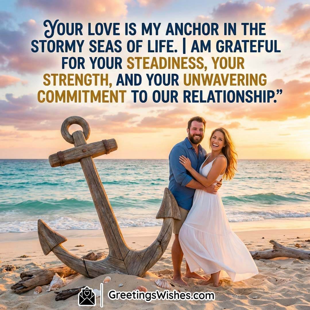 Love as an Anchor in Life Image showing a happy couple standing by the sea with a large anchor, symbolising stability, trust, and strength during life’s ups and downs.