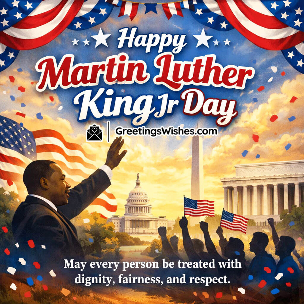 Martin Luther King Jr Day Equality Message image featuring Dr. King addressing a crowd waving American flags before the U.S. Capitol and Washington Monument, symbolizing justice dignity and unity.