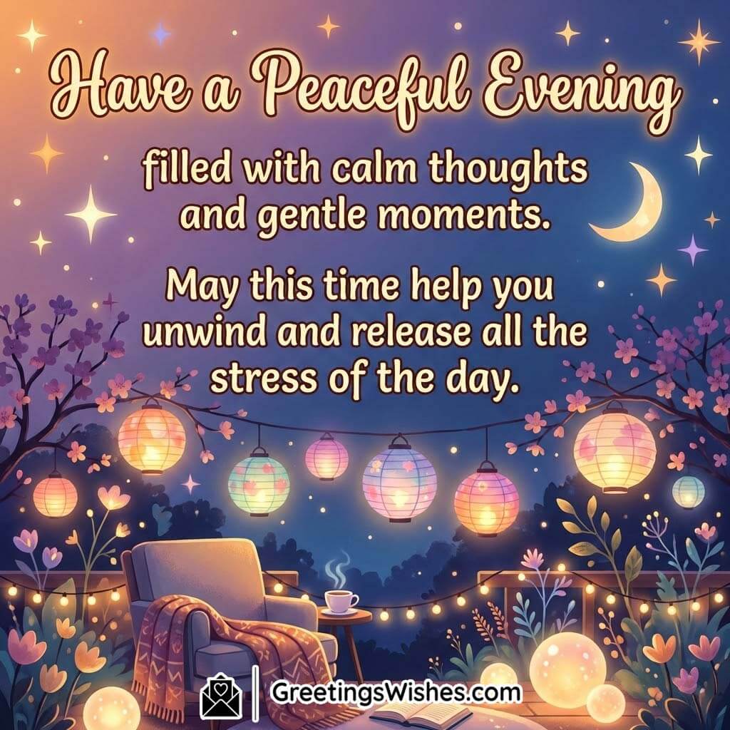 Peaceful Evening Message to Unwind and Release Stress showing a cozy evening garden with lantern lights, calm sky, soft glow, and relaxing atmosphere that helps release the stress of the day.