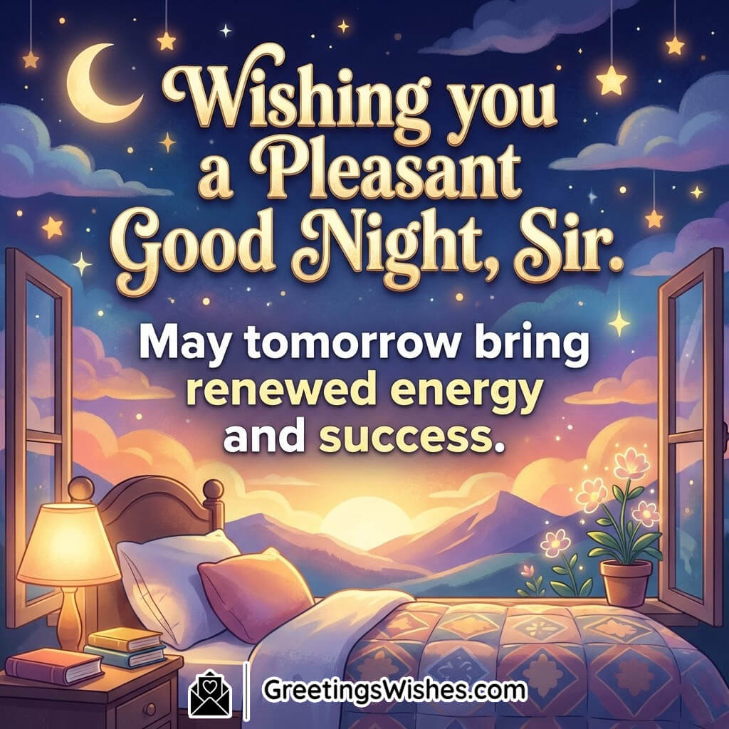Pleasant Good Night Sir Wish Image for Success featuring a cosy bedroom with an open window view of moonlit sky and distant mountains, soft lamp light, and peaceful bed setting, symbolizing renewed energy and success for tomorrow.