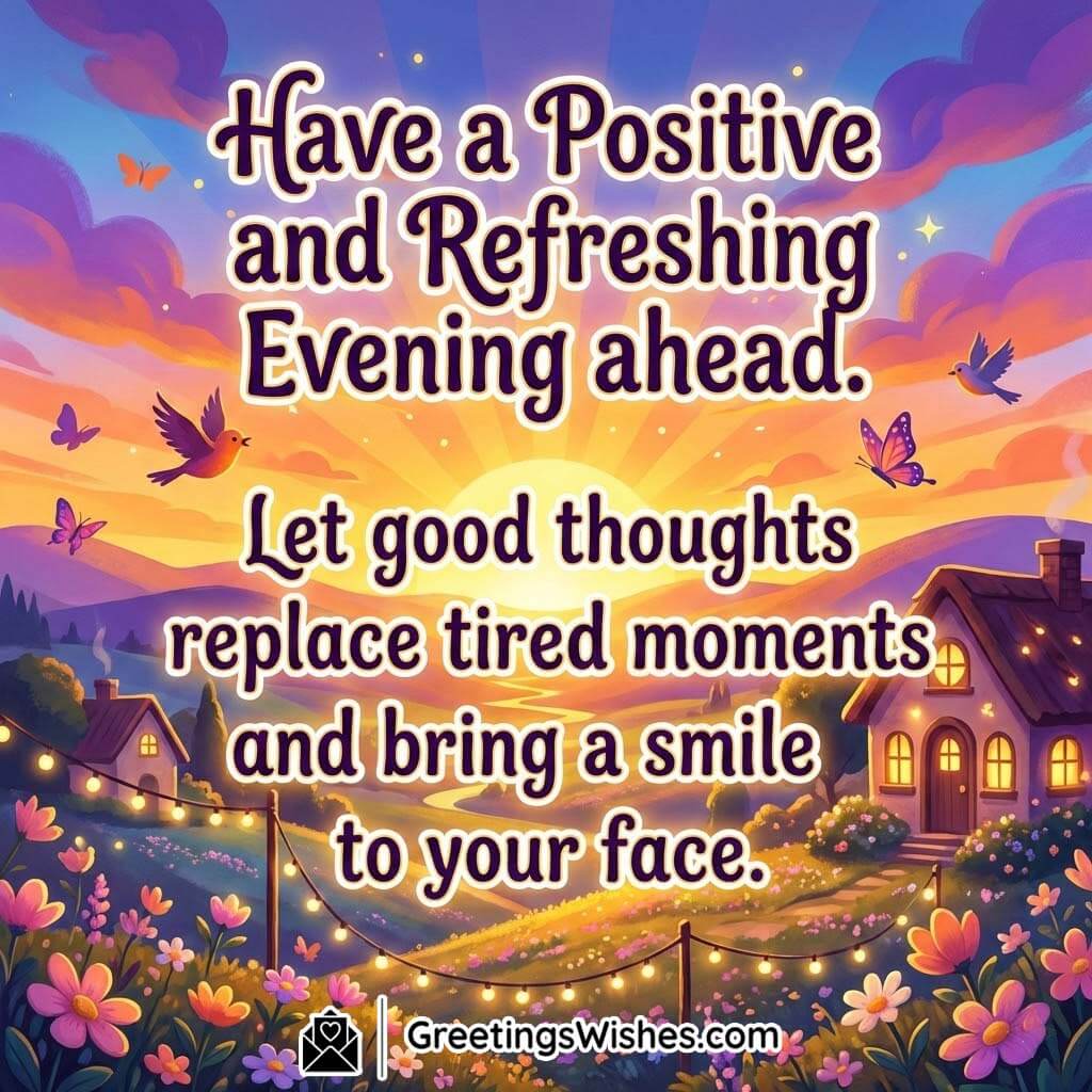 Positive and Refreshing Evening Message for a Happy Mood featuring a warm sunset, flying birds, glowing lights, and cheerful scenery that reflects fresh thoughts and positivity.