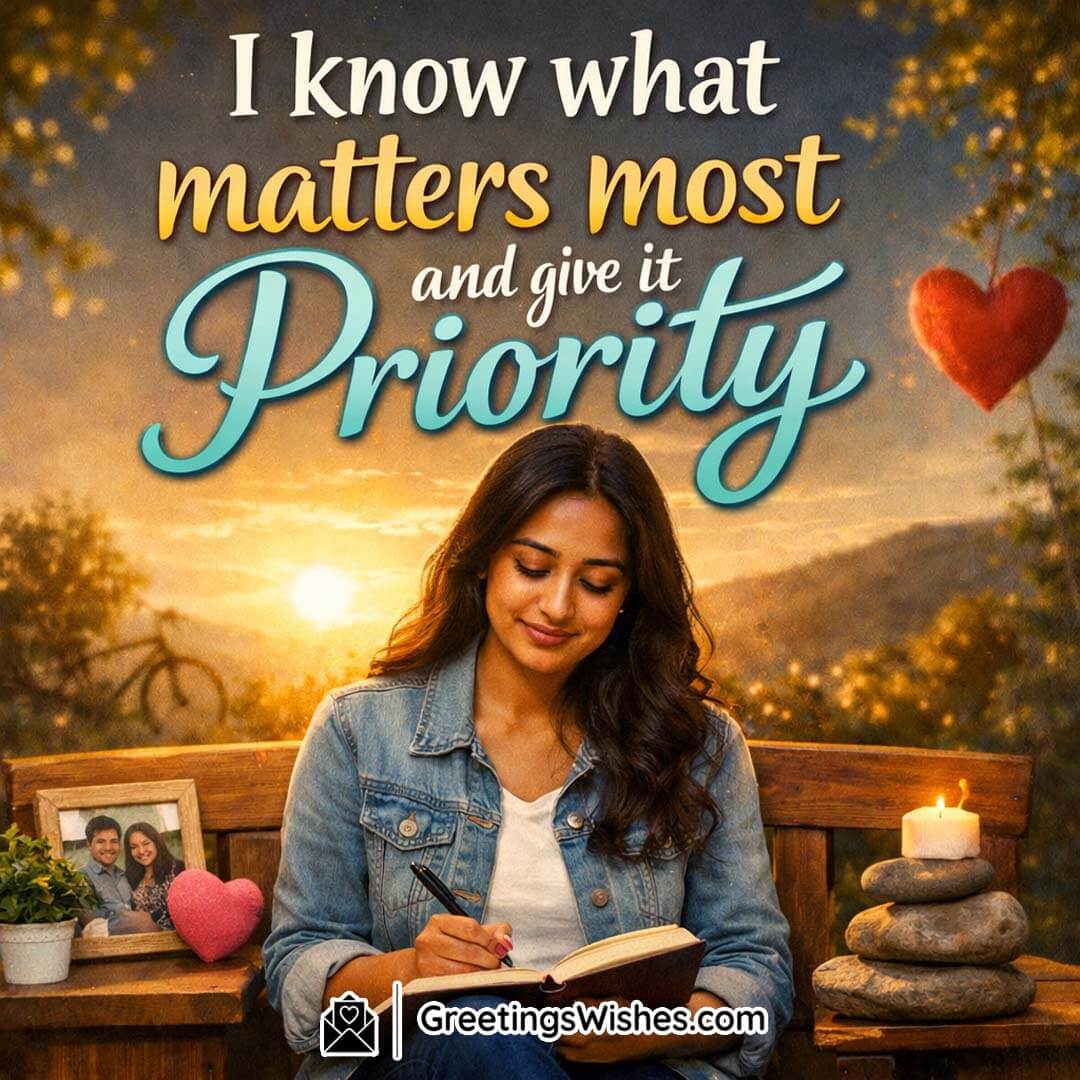 Priority and Focus Affirmation Image for Mindful Living, featuring a woman writing calmly in a journal during golden sunset light with heart and candle elements, symbolising clarity, emotional focus, and giving importance to what truly matters in life.