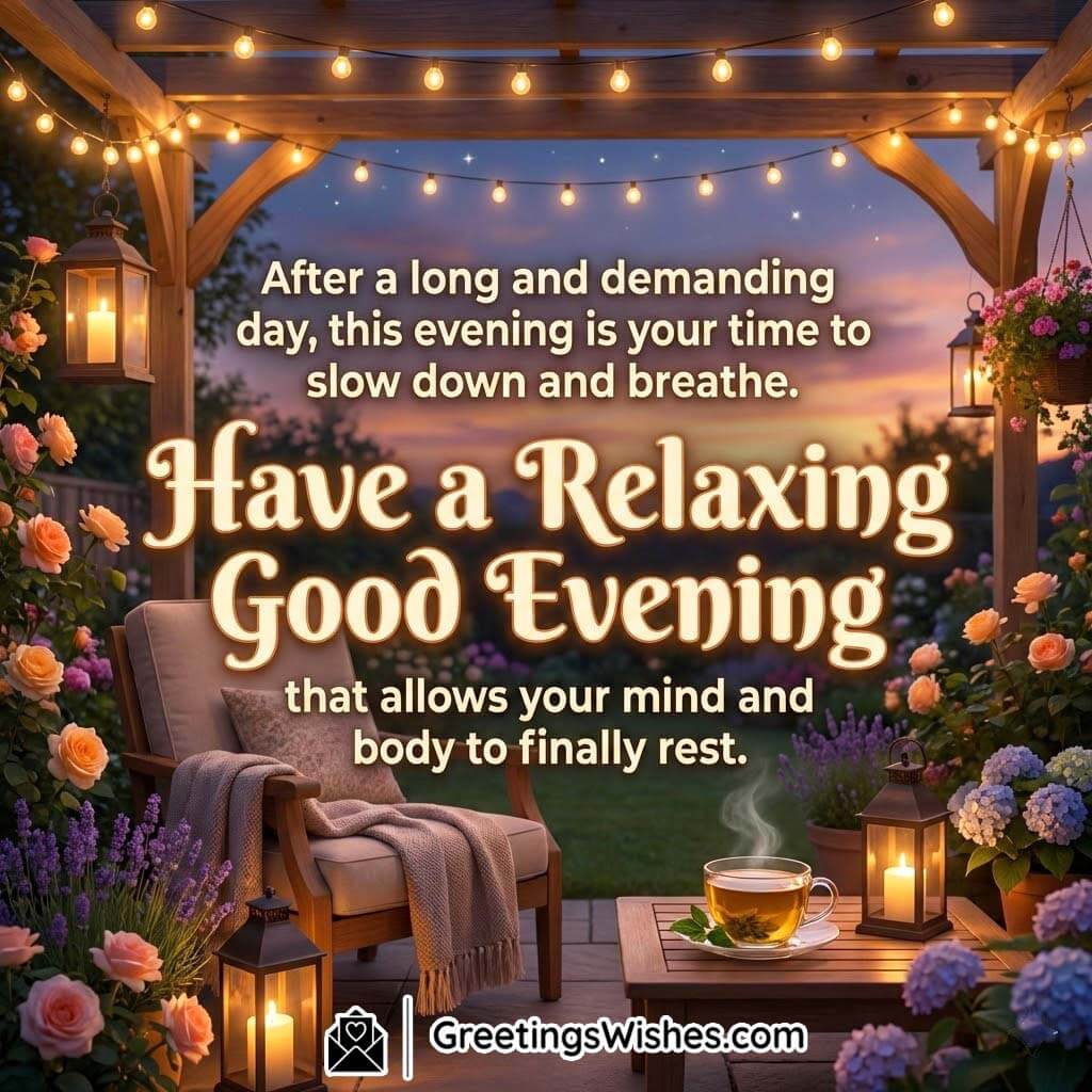 Relaxing Good Evening Message After a Long Day showing a cozy outdoor seating area with lanterns, tea cups, flowers, and a soothing sunset atmosphere for rest and calm.