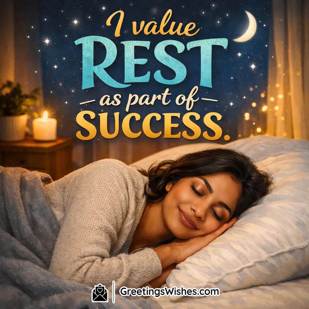 Rest as a Key to Success Affirmation Image, featuring a peacefully sleeping woman at night with soft candlelight and moon in the background, symbolising the importance of rest, recovery, and self-care for success.