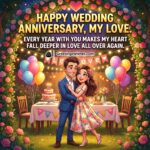 Romantic Wedding Anniversary Wishes Image featuring a romantic garden dinner setup with rose arch, fairy lights, balloons, cake table and a joyful couple hugging, symbolising lasting romance and celebration.