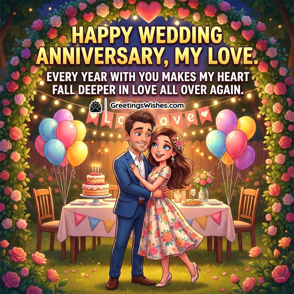 Romantic Wedding Anniversary Wishes Image featuring a romantic garden dinner setup with rose arch, fairy lights, balloons, cake table and a joyful couple hugging, symbolising lasting romance and celebration.