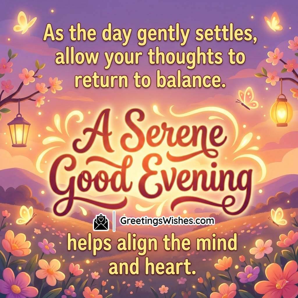 Serene Good Evening Message for Balance and Peace illustrated with soft evening colors, lanterns, butterflies, flowers, and a calm sky representing harmony of mind and heart.
