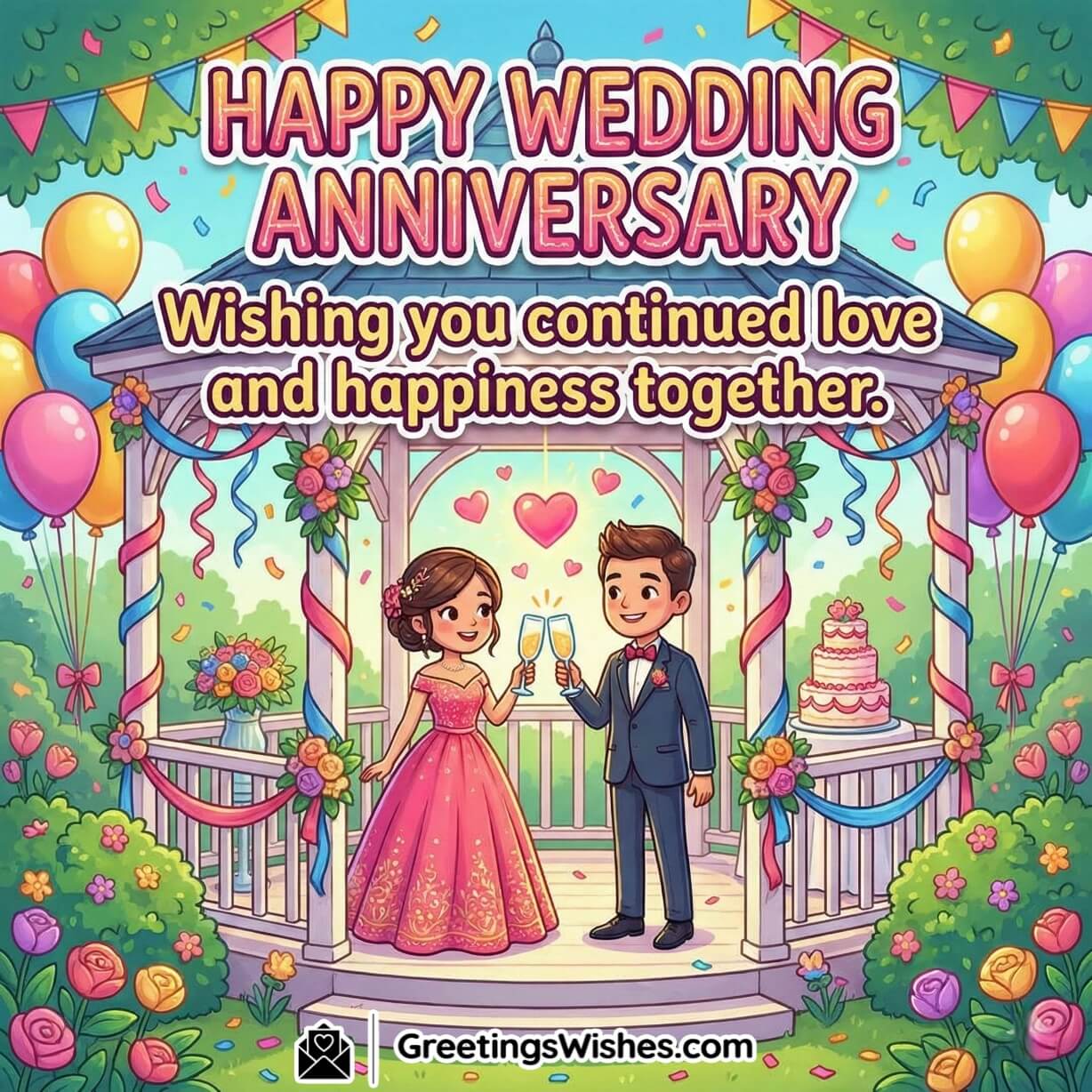 Short Wedding Anniversary Wishes Image for Love and Happiness featuring a cheerful couple toasting under a decorated gazebo with balloons, flowers, bunting and a celebration cake, symbolising joyful memories and togetherness.