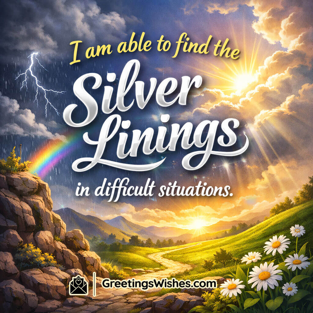 Silver Linings Affirmation Quote Image, storm clouds on one side and bright sunlight on the other with a path and flowers showing hope after challenges.