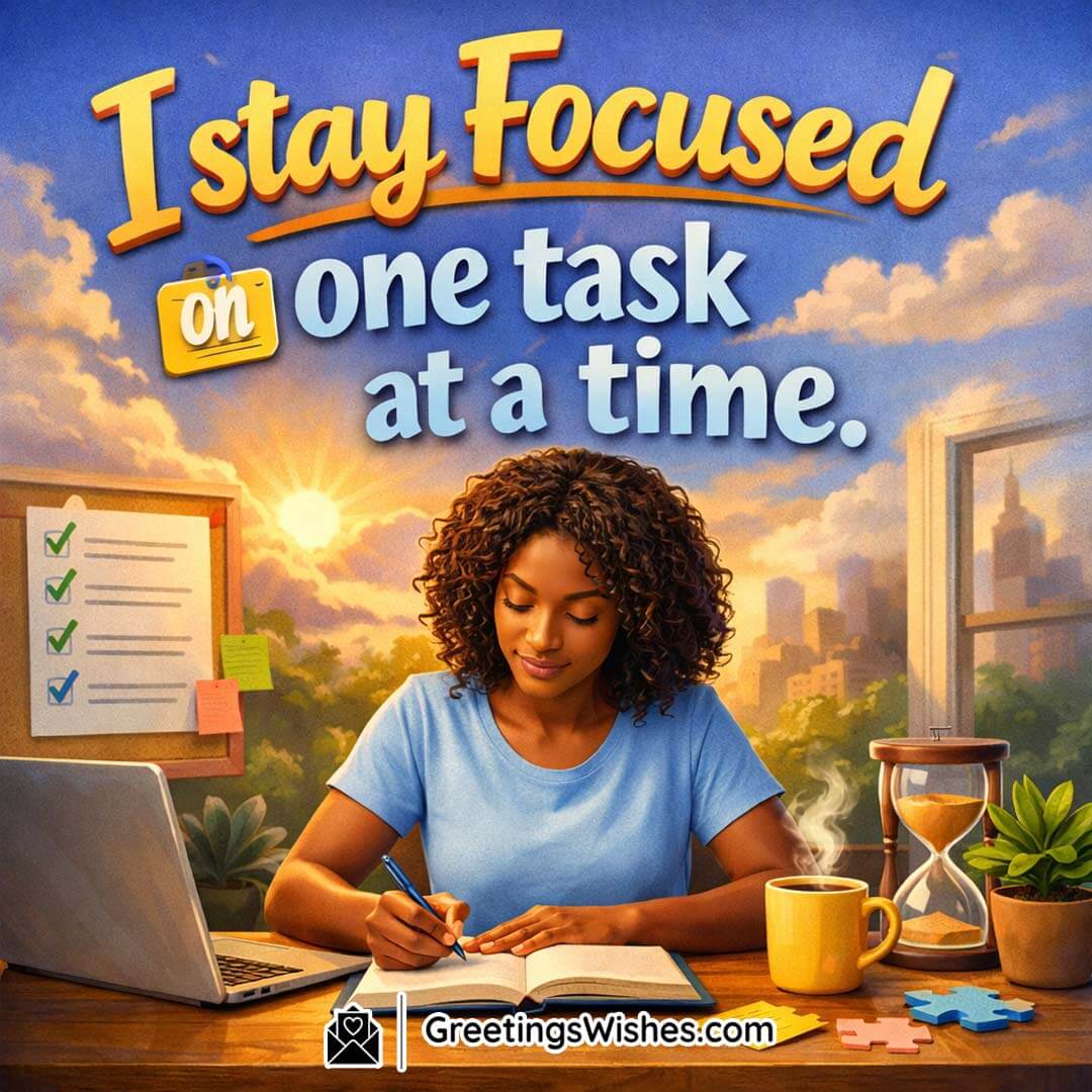 Staying Focused on One Task Affirmation Image, featuring a woman working attentively at a desk with a notebook, checklist, laptop, and morning light, symbolising concentration, discipline, and completing one task with full focus.