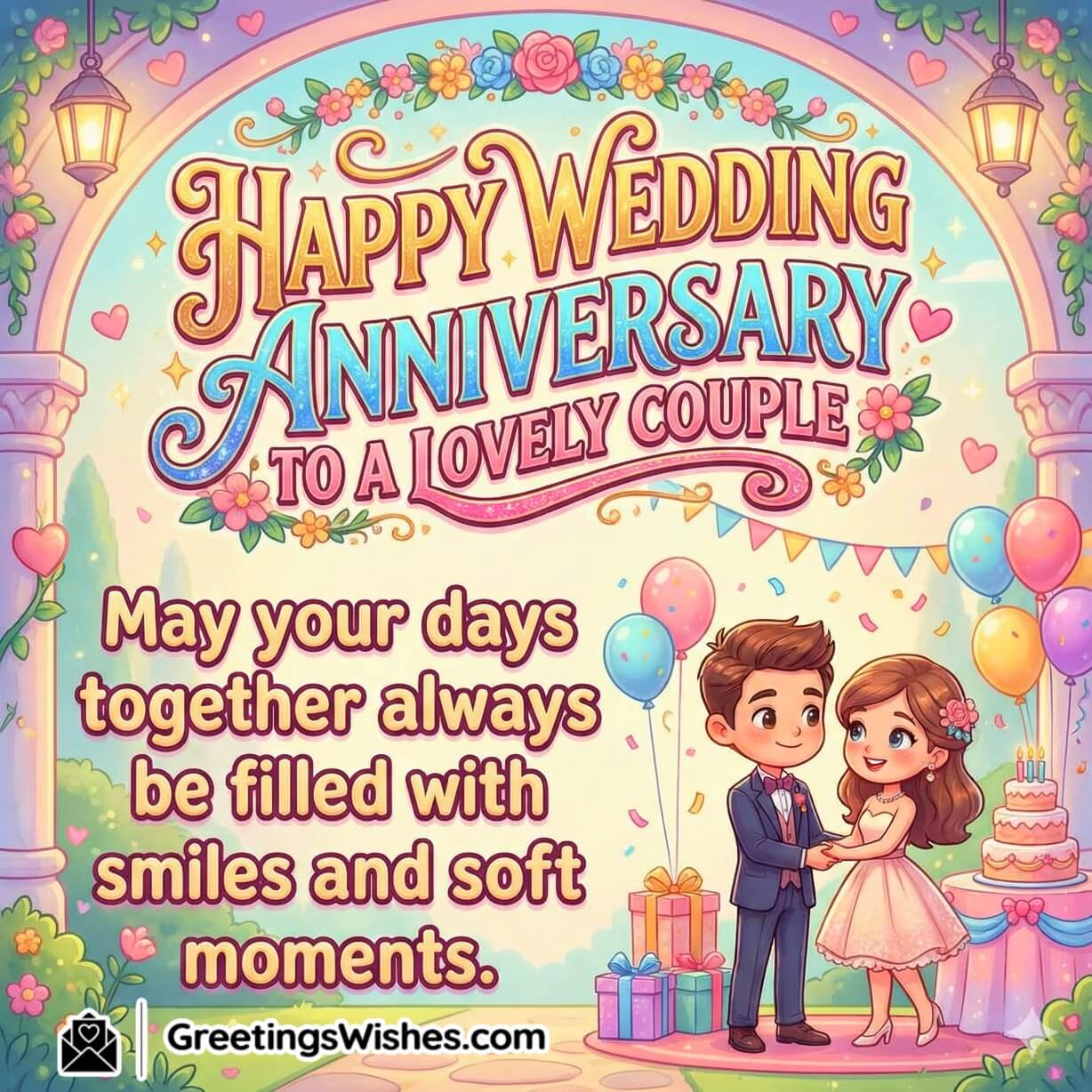 Sweet Anniversary Wishes For Couples Image featuring a cute couple holding hands in a pastel garden with balloons, gifts, small cake and floral arch decor, symbolising sweet moments and joyful bonding.