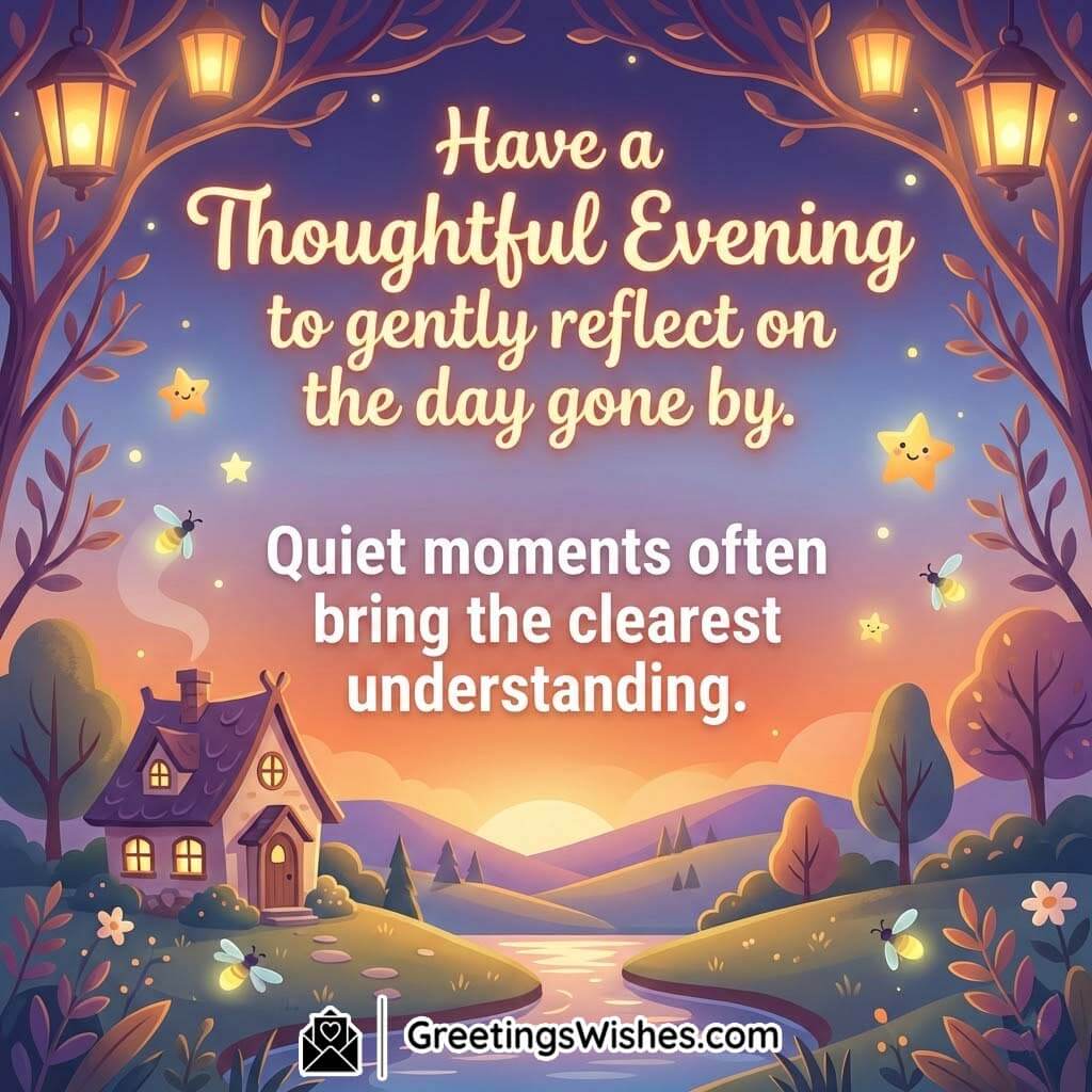 Thoughtful Evening Message for Quiet Reflection illustrated with a peaceful village path, glowing lamps, calm sky, and silent surroundings symbolizing clarity and understanding.
