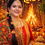 Traditional Punjabi Woman Lohri Photo with Bonfire Celebration, showing a woman in festive Punjabi attire with a glowing Lohri bonfire, sugarcane, rewri, peanuts, and warm traditional decorations.