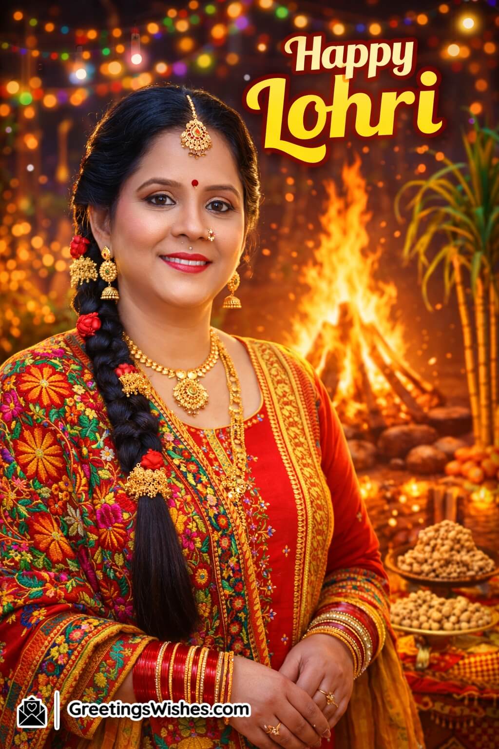 Traditional Punjabi Woman Lohri Photo with Bonfire Celebration, showing a woman in festive Punjabi attire with a glowing Lohri bonfire, sugarcane, rewri, peanuts, and warm traditional decorations.