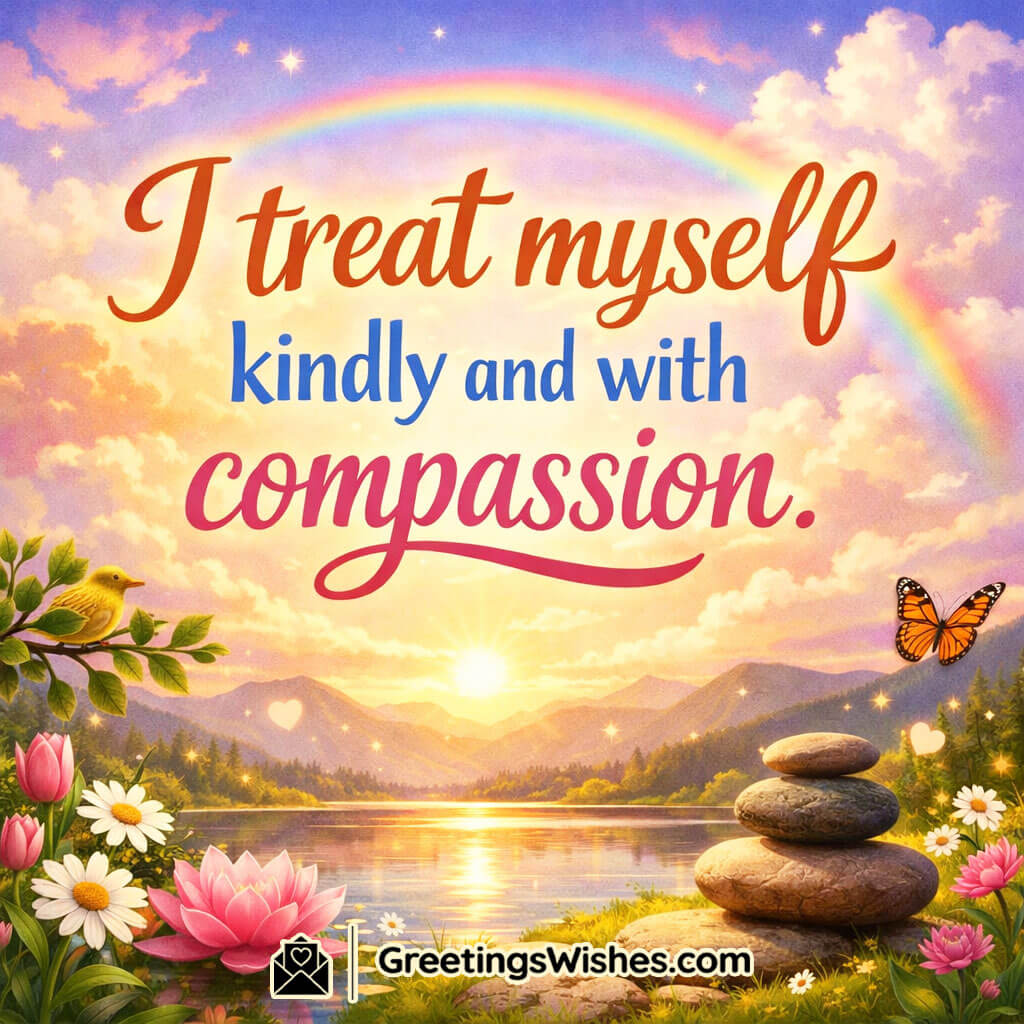 Treat Myself Kindly Affirmation image showing a calm sunrise over a peaceful lake with lotus flowers, a rainbow, butterflies, and balanced stones, symbolizing self-care and compassion.