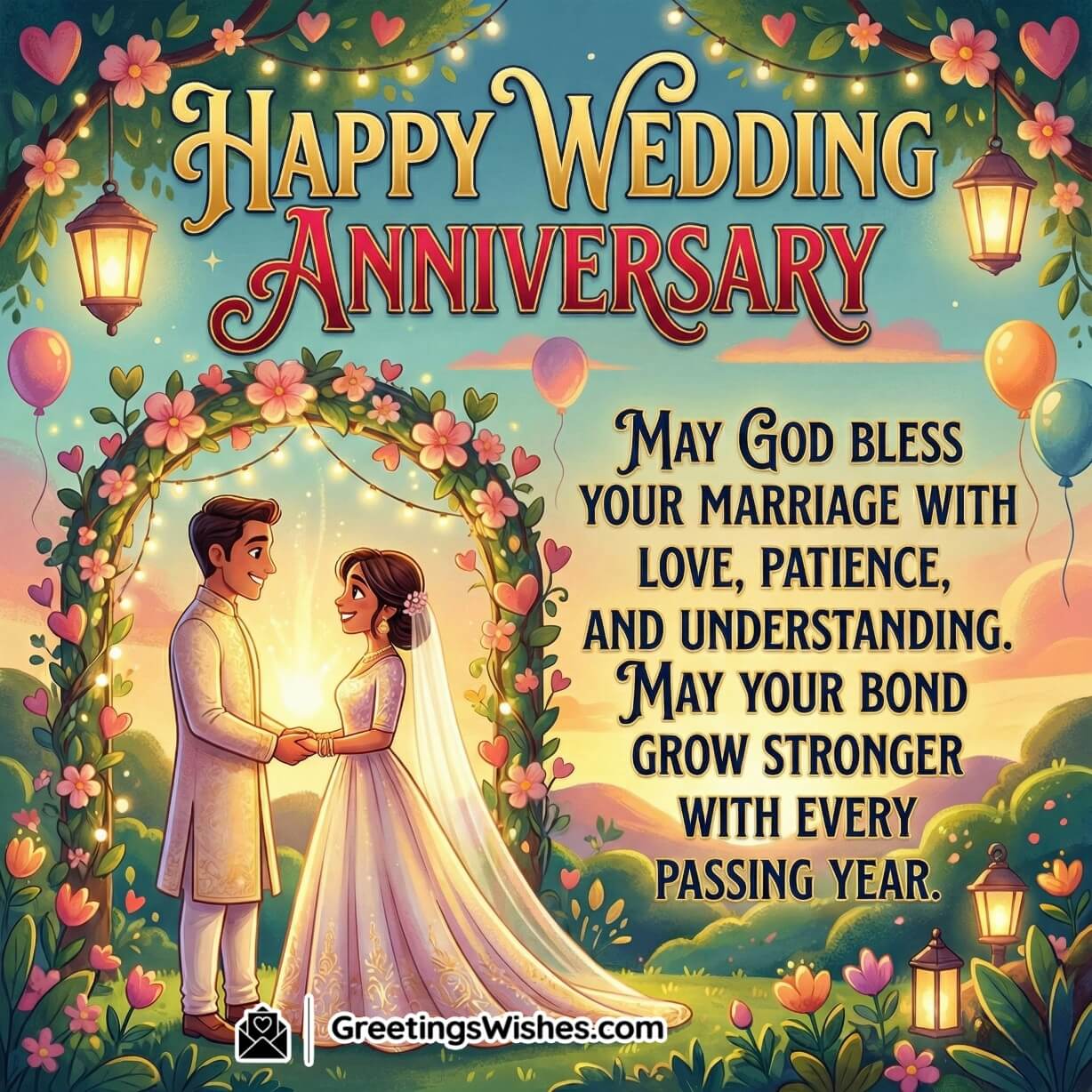 Wedding Anniversary Blessings And Prayers Image with God Message featuring a bride and groom facing each other under a glowing floral arch at sunset with lanterns, balloons and heart accents, symbolising faith, patience, and growing love.