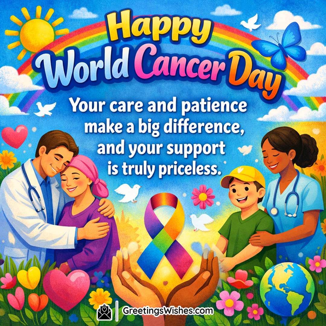 World Cancer Day Appreciation For Caregivers And Support Image, featuring doctors, caregivers, and families surrounding a cancer awareness ribbon held with care, symbolising patience, kindness, and the priceless role of support systems in healing.