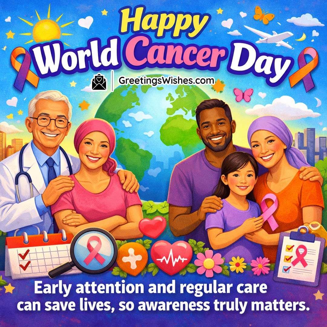 World Cancer Day Awareness Early Care And Prevention Image, featuring families, doctors, and awareness symbols around a globe with checklists and heart icons, symbolising early attention, regular care, and the life-saving power of awareness.