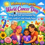 World Cancer Day Message Of Love, Comfort, And Hope Image, featuring a caring family embracing a loved one with a cancer awareness ribbon, soft hearts, flowers, and a glowing candle, symbolising emotional support, compassion, and shared strength during cancer journeys.