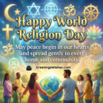World Religion Day Peace Message image featuring people of diverse cultures holding hands around Earth with glowing faith symbols in the sky, symbolizing harmony love and shared humanity.