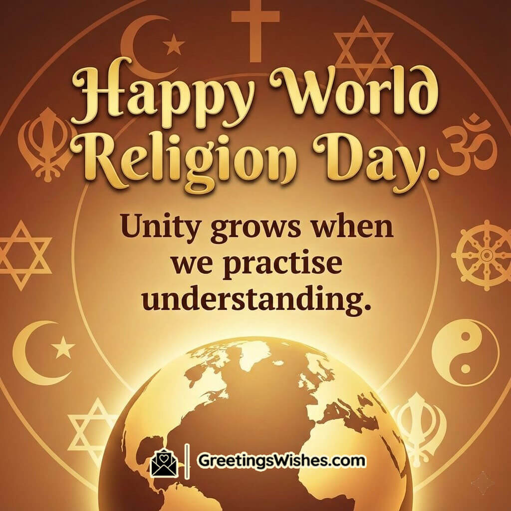 World Religion Day Understanding Quote image featuring a golden globe under radiant light with global religious symbols around, symbolizing understanding unity and harmony across all faiths.