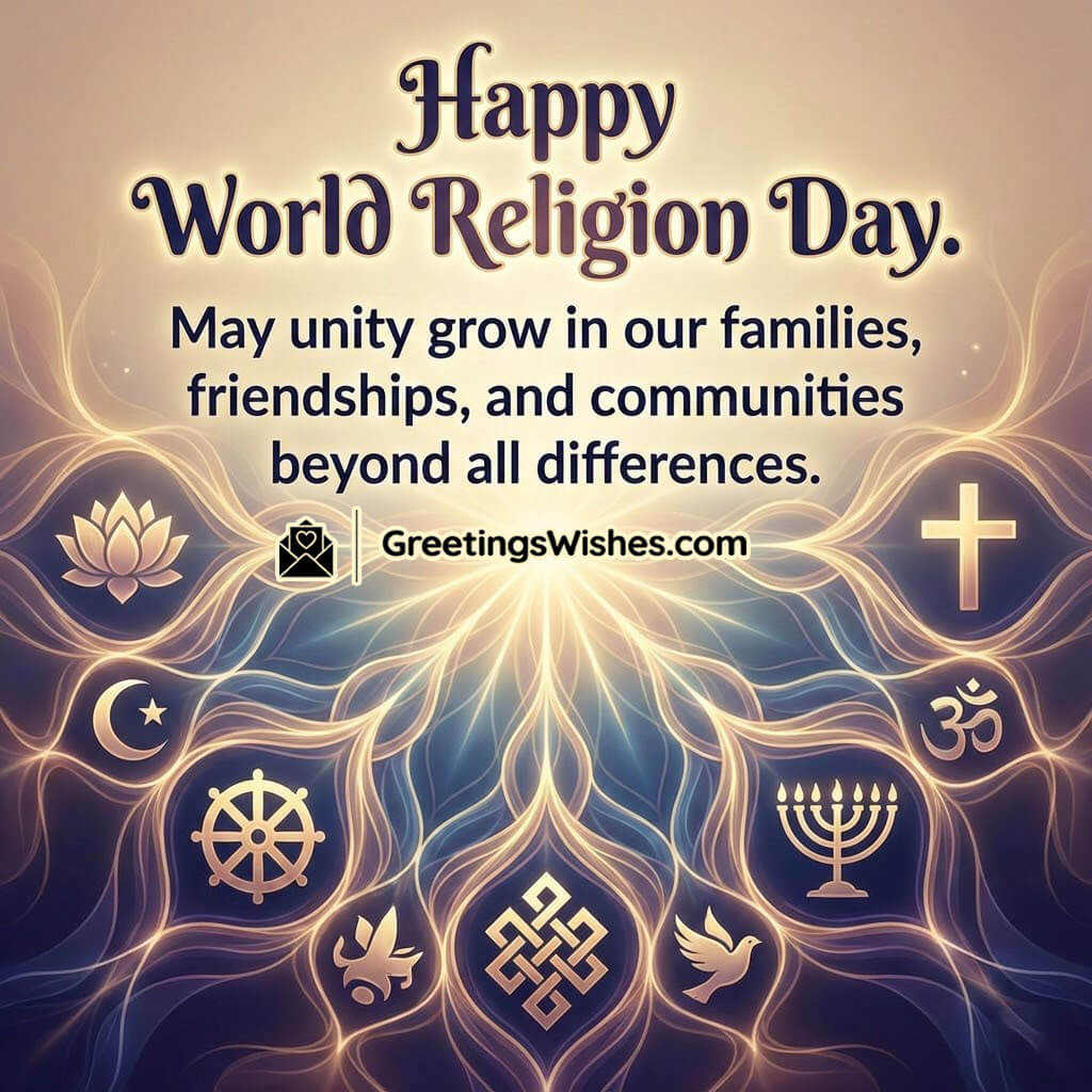 World Religion Day Unity Wishes image featuring shining golden religious symbols like cross om lotus and star around a radiant light center, symbolizing unity among families and communities beyond differences.