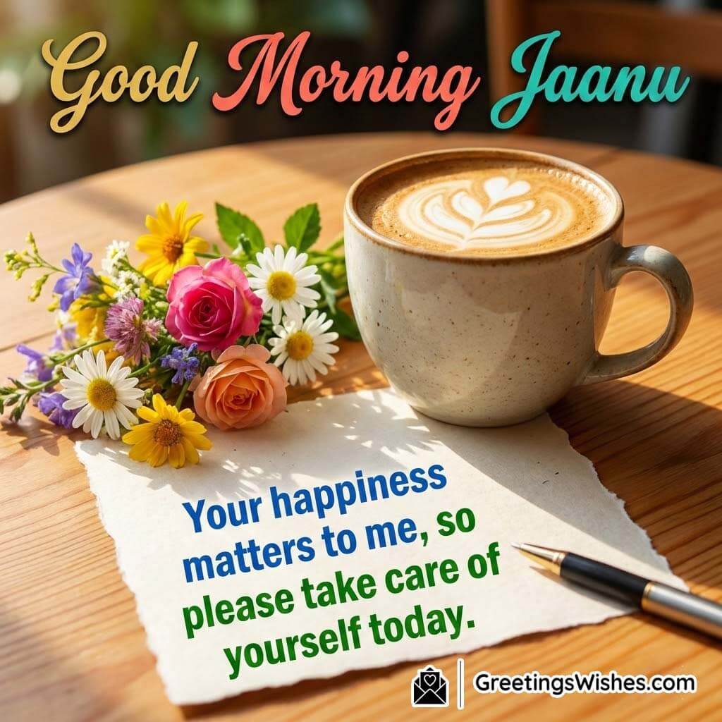 Good Morning Jaanu image featuring a warm cup of coffee with heart foam, fresh colorful flowers, a handwritten note, and a pen on a wooden table symbolising love and care.
