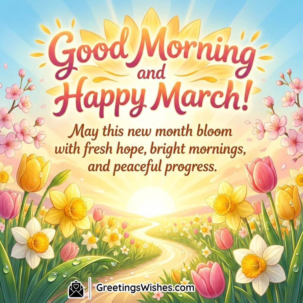 Good Morning and Happy March image featuring bright sunrise, blooming flowers, and a winding path expressing hope and peaceful progress.