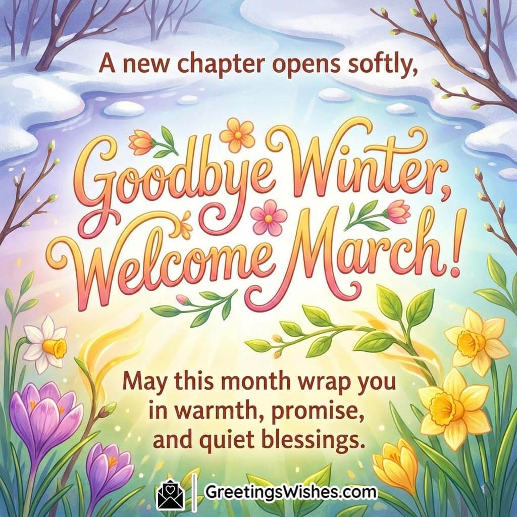 Goodbye Winter Welcome March image featuring melting snow, blooming flowers, and soft sunlight symbolising warmth and new beginnings.