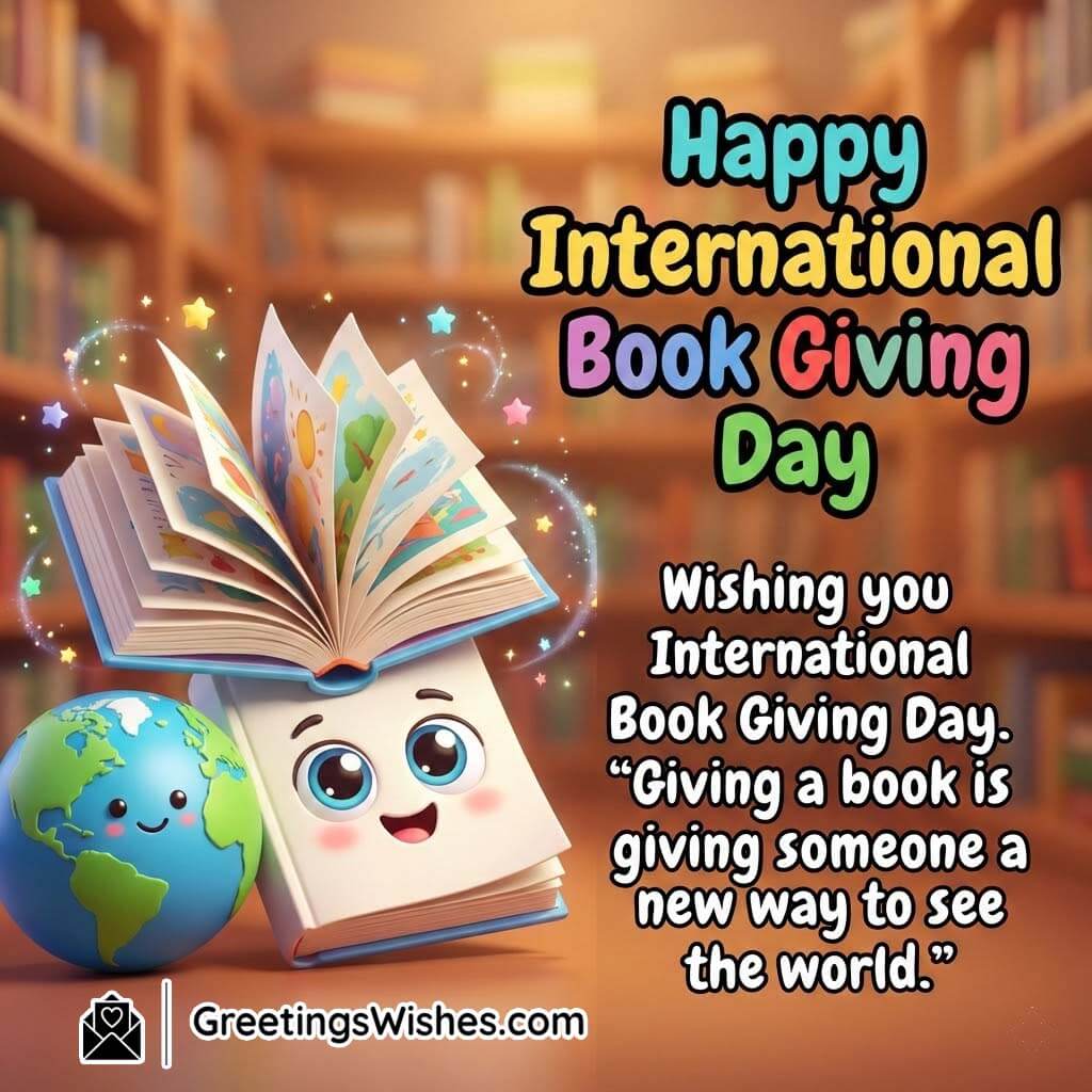 Happy International Book Giving Day Quote Image on Learning featuring a smiling open book with glowing pages, stars, and a small globe in a library background, symbolising an inspiring quote about how books open minds, connect the world, and offer new ways to see life.