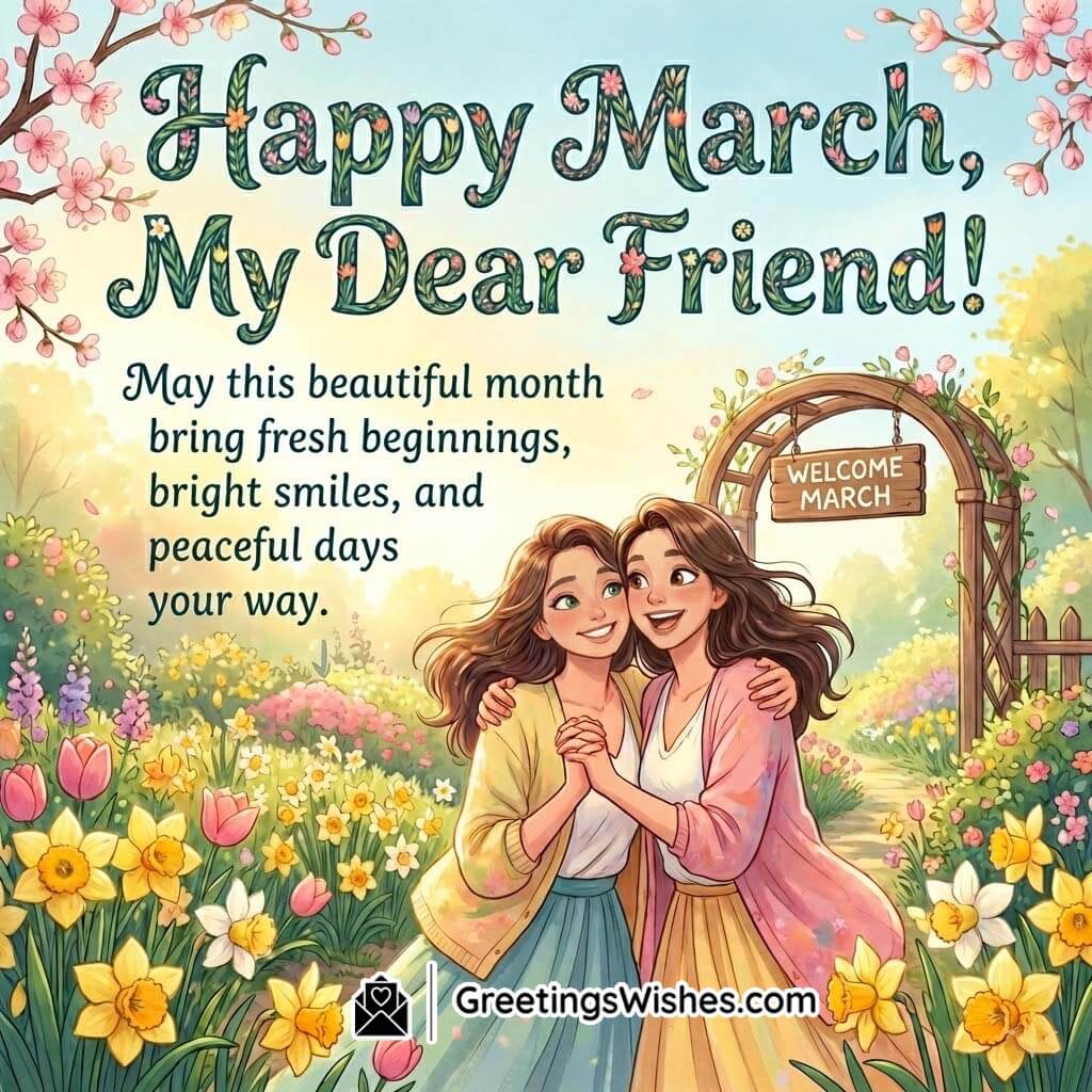 Happy March My Dear Friend image featuring two friends hugging in a spring garden with flowers and a welcome arch symbolising friendship and fresh starts.