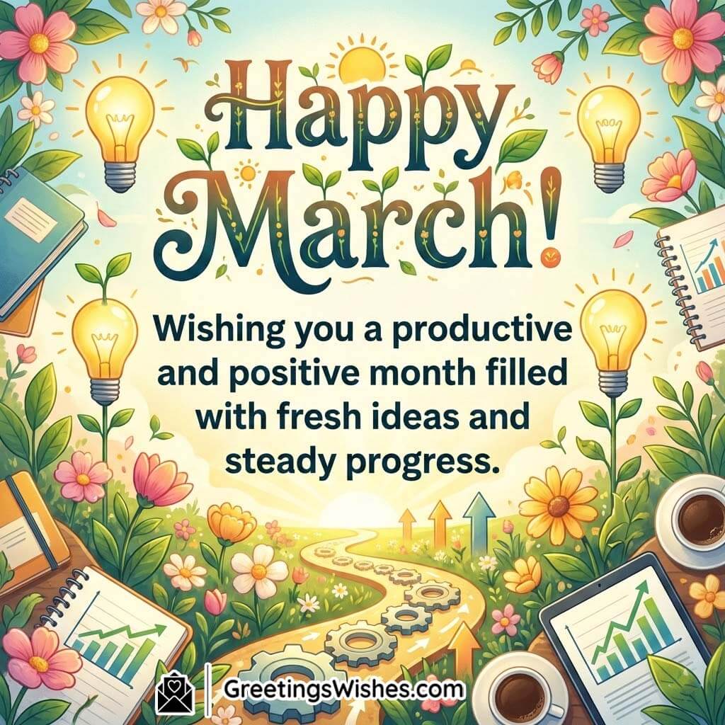 Happy March image featuring glowing light bulbs, notebooks, coffee cup, flowers, and upward arrows symbolising ideas, growth, and steady progress.