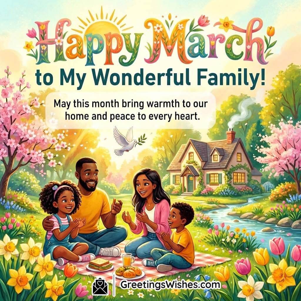 Happy March to My Wonderful Family image featuring a joyful family picnic near a cozy home with blooming trees and a dove symbolising peace and togetherness.