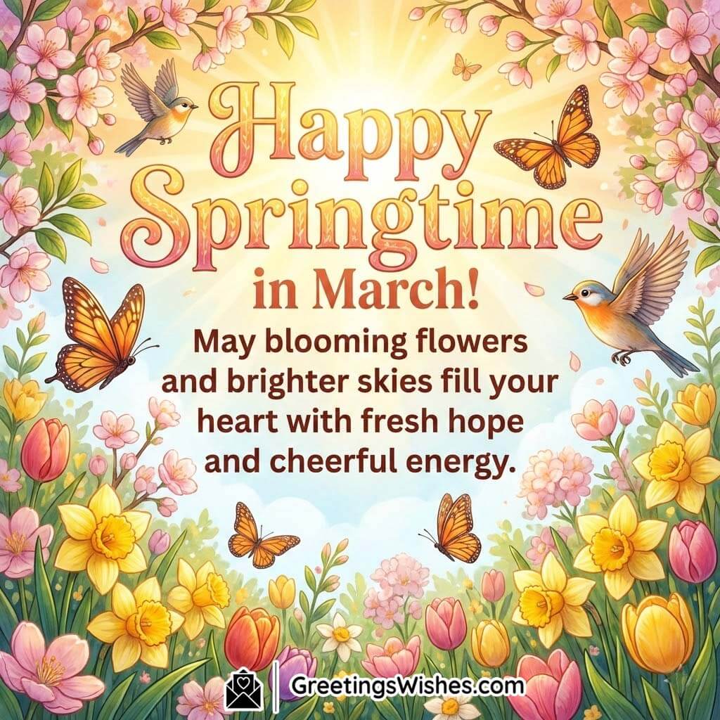 Happy Springtime in March image featuring colorful flowers, butterflies, and birds under a bright sky representing cheerful energy and hope.