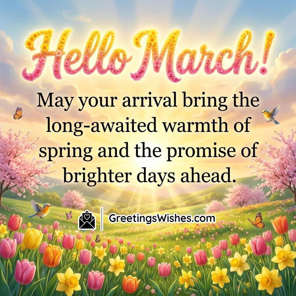 Hello March image featuring golden sunrise over blooming tulips and daffodils with birds and butterflies, symbolising warmth and brighter days.