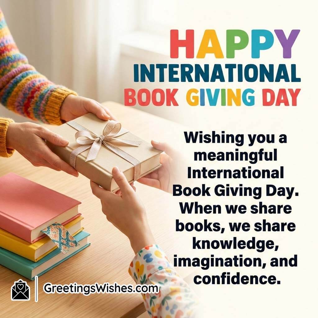 International Book Giving Day Message Image on Sharing Books showing hands exchanging a wrapped book on a wooden table with stacked books nearby, symbolising a meaningful message about sharing knowledge, imagination, and confidence through the simple act of giving a book.