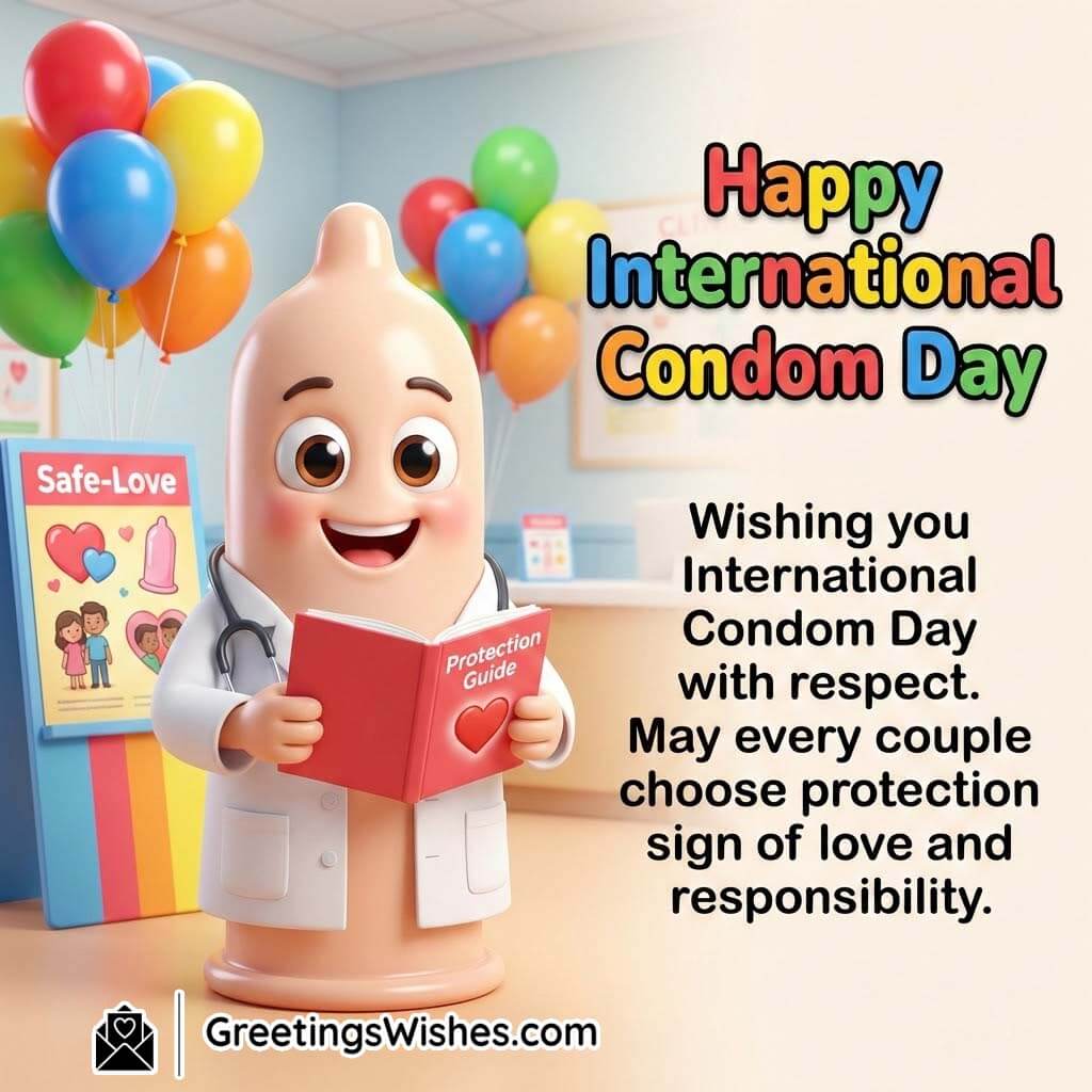 Happy International Condom Day wishes image featuring a cute condom cartoon dressed as a doctor, holding a protection guide book, surrounded by balloons and health posters, spreading awareness about respect, responsibility, and safe love.