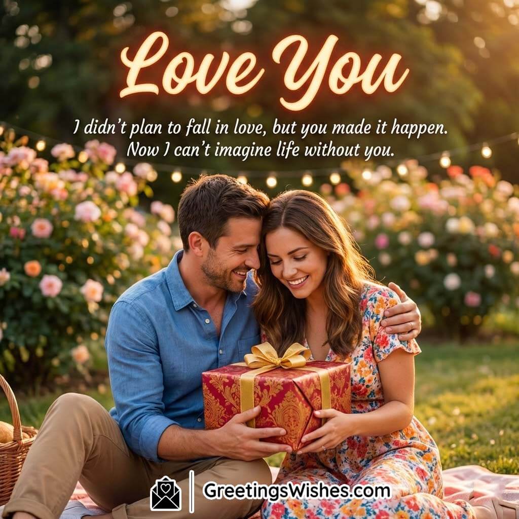 Love You Heartfelt Quote From The Heart featuring a joyful couple opening a gift together outdoors, symbolising appreciation, surprise, and growing emotional bonds.