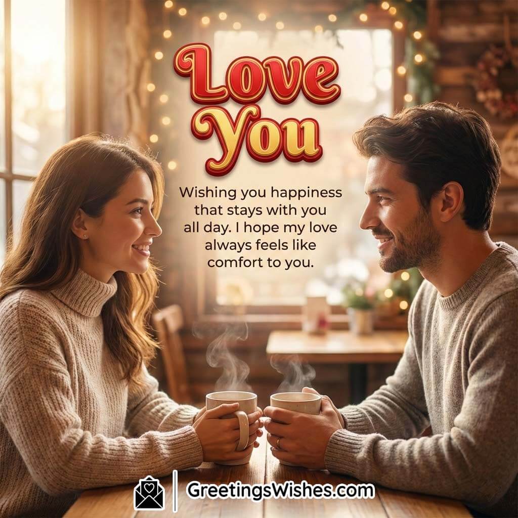 Love You Sweet Wish for Daily Happiness showing a couple sharing coffee in a cosy setting, symbolising comfort, care, and love that feels safe and reassuring.