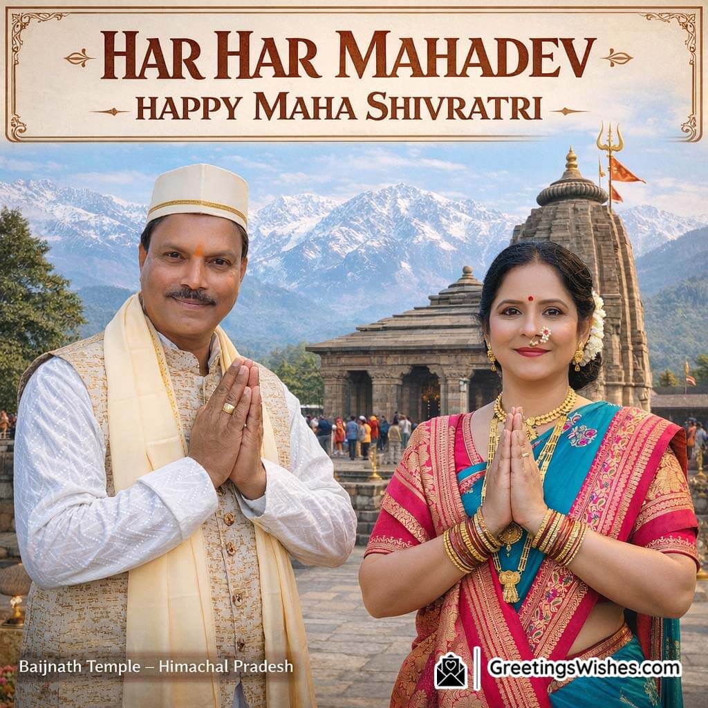 Maha Shivratri couple standing outside Baijnath Temple with mountain backdrop and folded hands devotion.