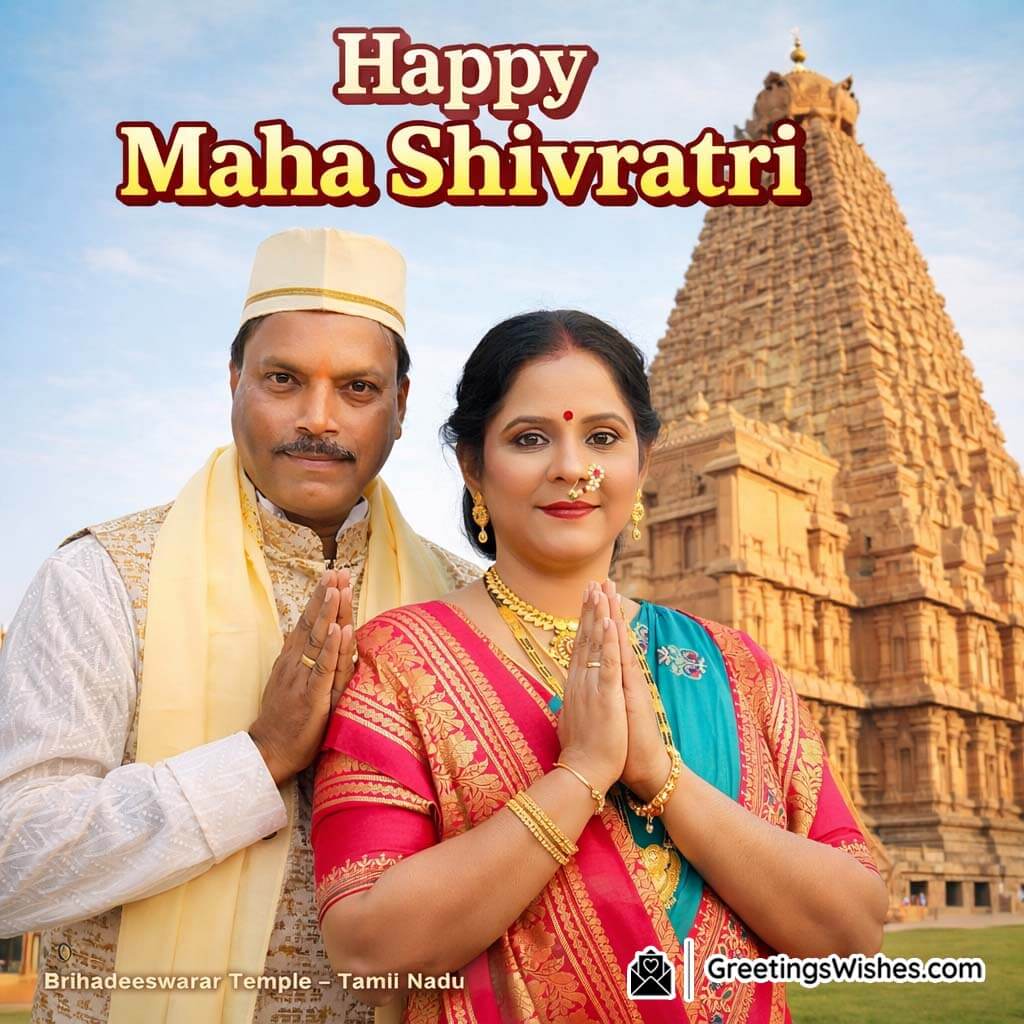 Maha Shivratri couple outside Brihadeeswarar Temple with grand stone gopuram and folded hands in traditional attire.