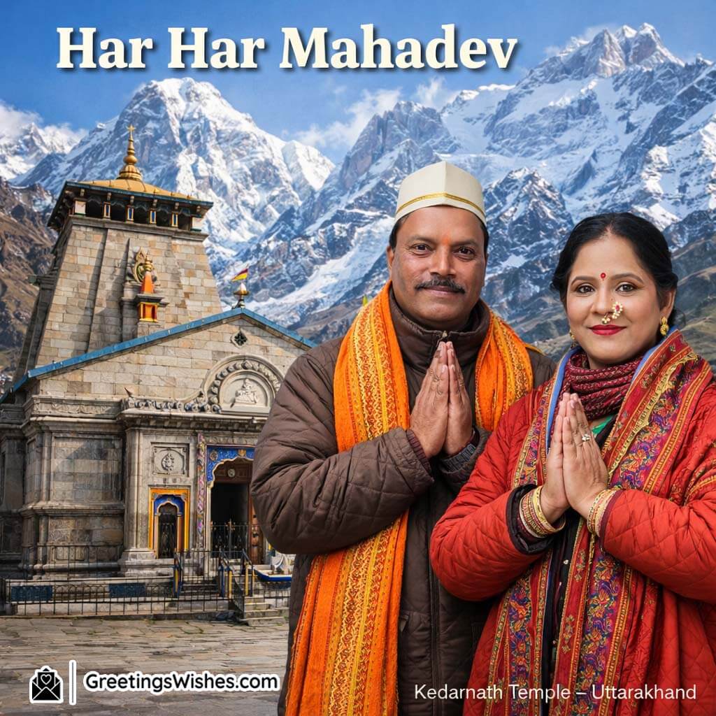 Maha Shivratri couple photoshoot outside Kedarnath Temple with Himalayan mountains and folded hands prayer pose.