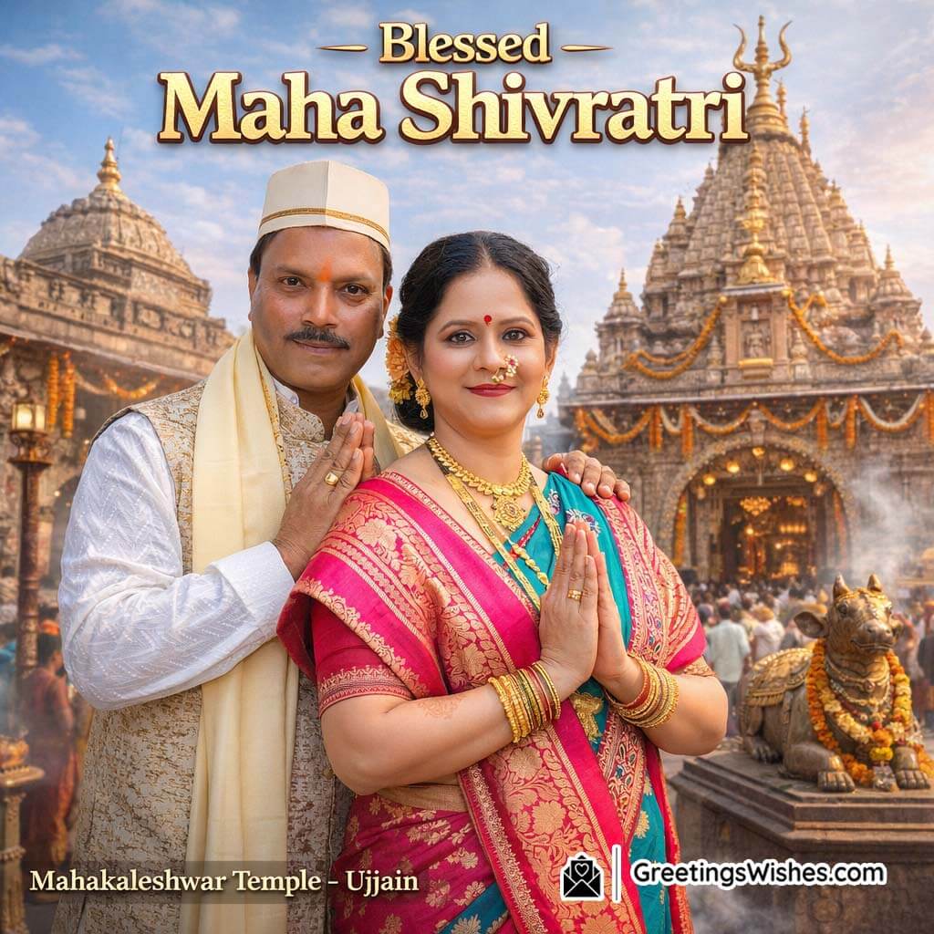 Maha Shivratri couple standing outside Mahakaleshwar Temple in Ujjain with folded hands and devotional expression.