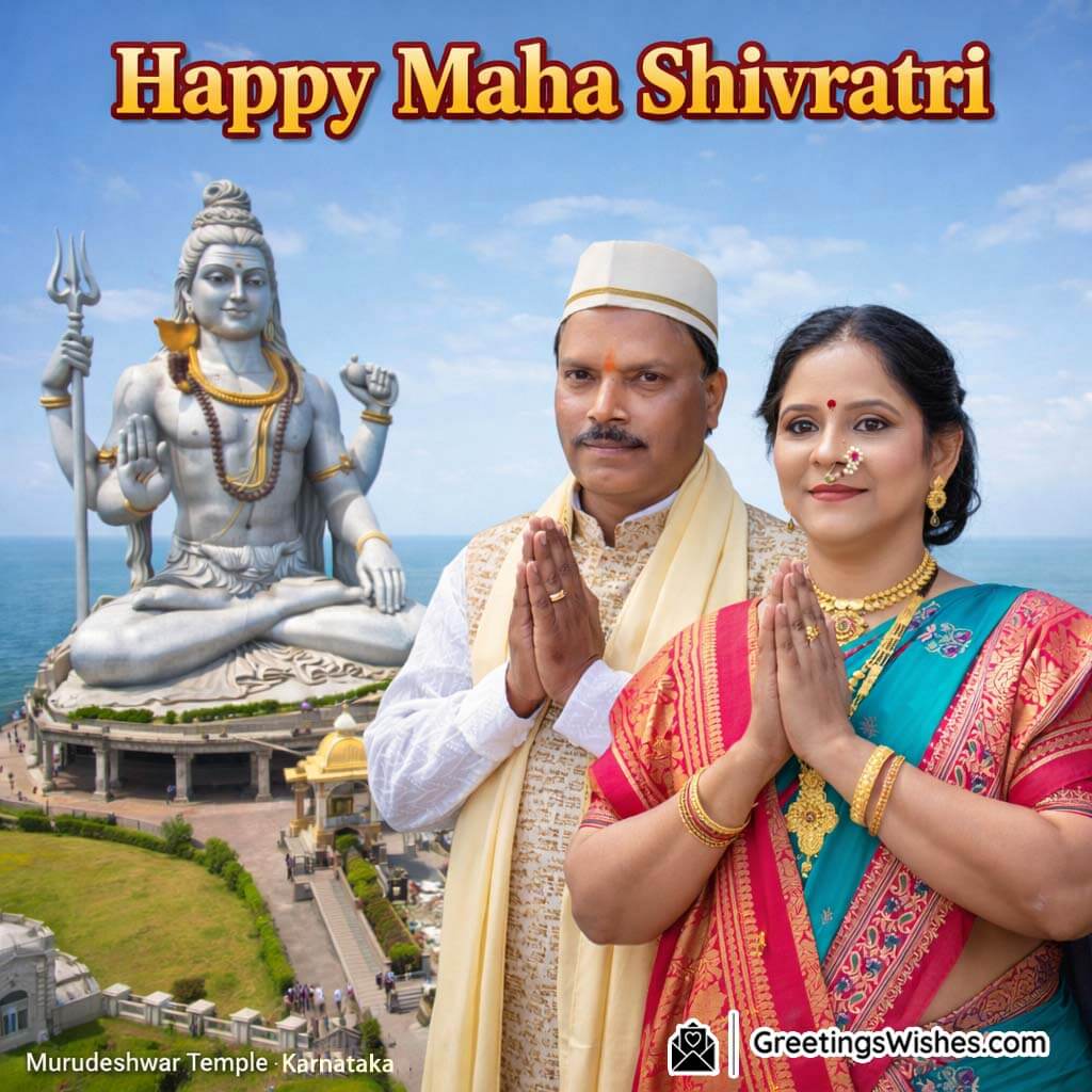 Maha Shivratri couple outside Murudeshwar Temple with giant Shiva statue and sea visible in background.