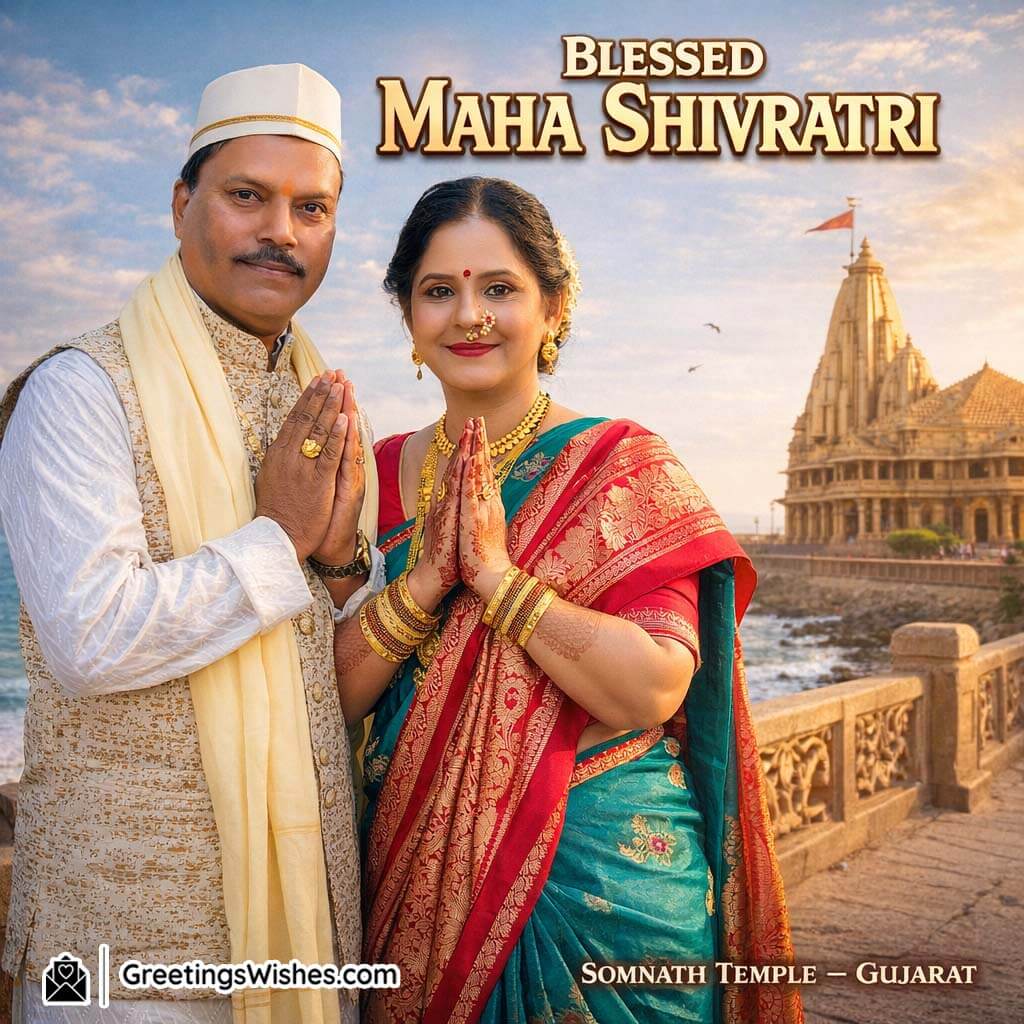 Maha Shivratri couple standing outside Somnath Temple with folded hands and sea visible in background during devotional moment.