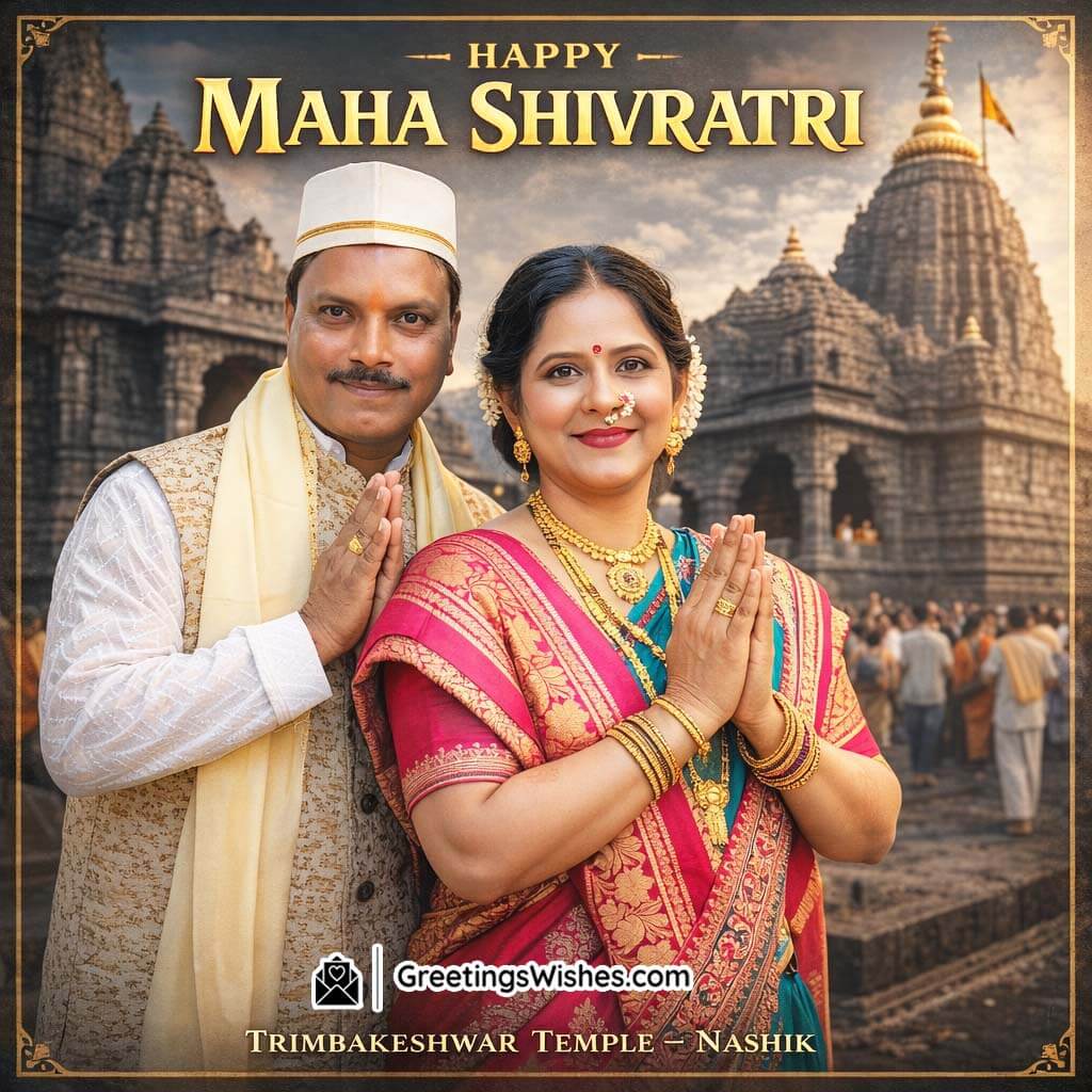 Maha Shivratri couple outside Trimbakeshwar Temple with black stone architecture and folded hands prayer posture.