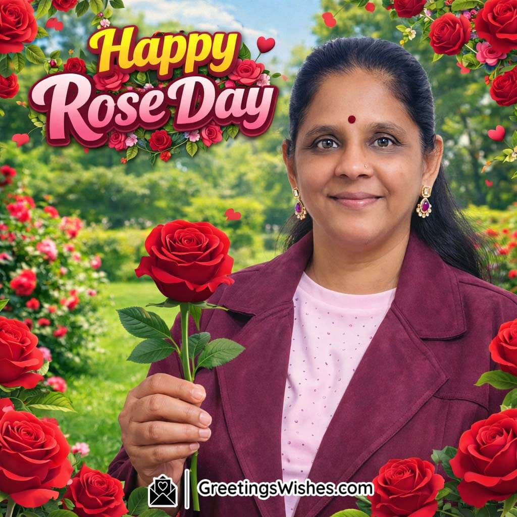 Creative Rose Day Photo Ideas Using Real Photos showing a person holding a red rose in a garden setting filled with greenery and natural daylight.