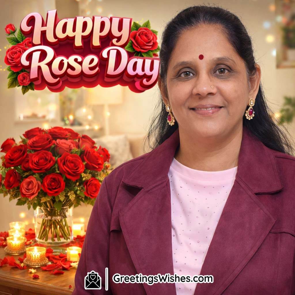 Creative Rose Day Photo Ideas Using Real Photos featuring a person in a home setup decorated with roses and soft lights, creating a warm Rose Day celebration feel.