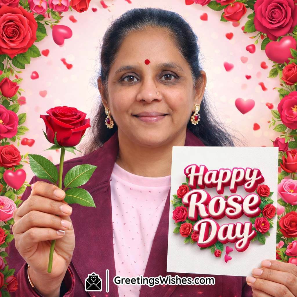 Real photo Rose Day image featuring a person holding a red rose and a greeting card, symbolising thoughtful and personalised Rose Day wishes.